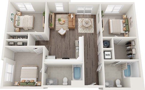 Floor plan for 3 beds, 2 baths, 999 sqft
